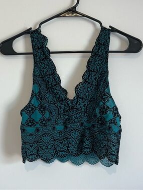 Free People Teal Lace Bralette with Black Overlay Size XS